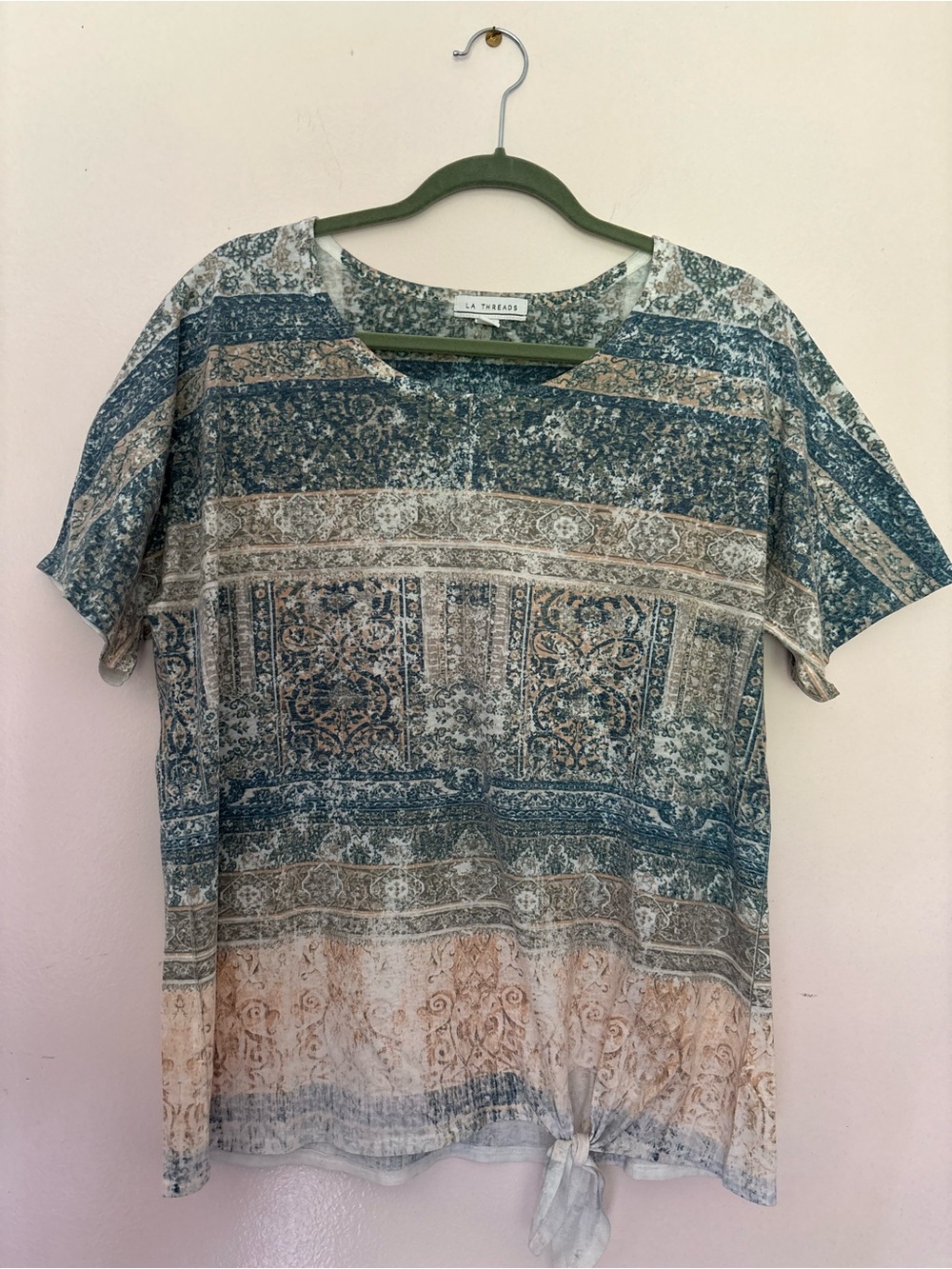 LA Threads Blue & Tan Patterned Short Sleeve Tie-Front Top